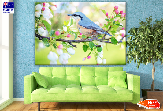 Blue Bird Sitting on a Floral Branch Photograph Print 100% Australian Made