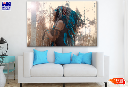 Young Indian Warrior With Blue Feather Headdress Photograph Print 100% Australian Made