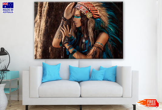 Young Indian Warrior Girl With Blue Feather Headdress Posing Photograph Print 100% Australian Made