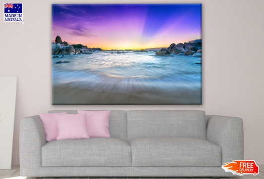 Beautiful Sunrise on the Beach with Sun Rays in the Purple Sky Photograph Print 100% Australian Made