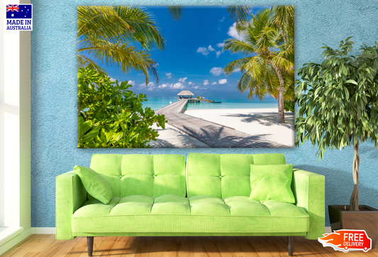 Stunning Beach View with Huts on Pier & Palm Trees Photograph Print 100% Australian Made