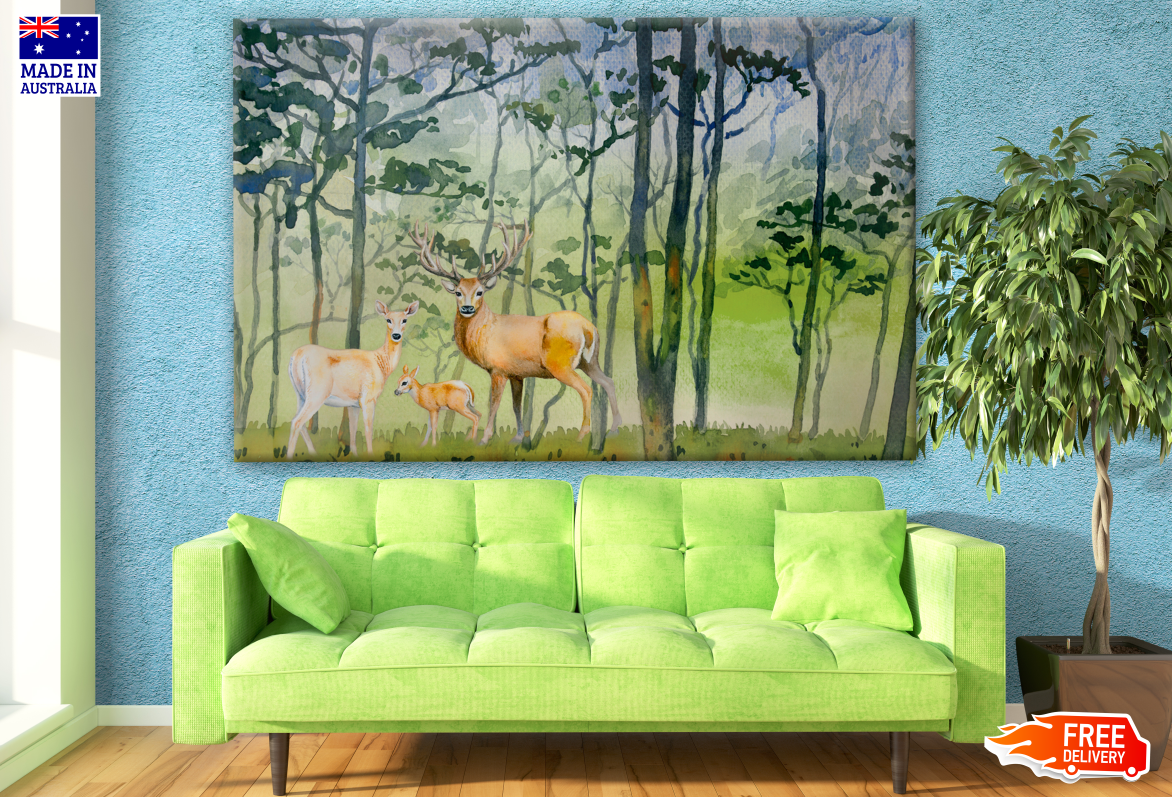 Deer Family in Forest Painting Print 100% Australian Made