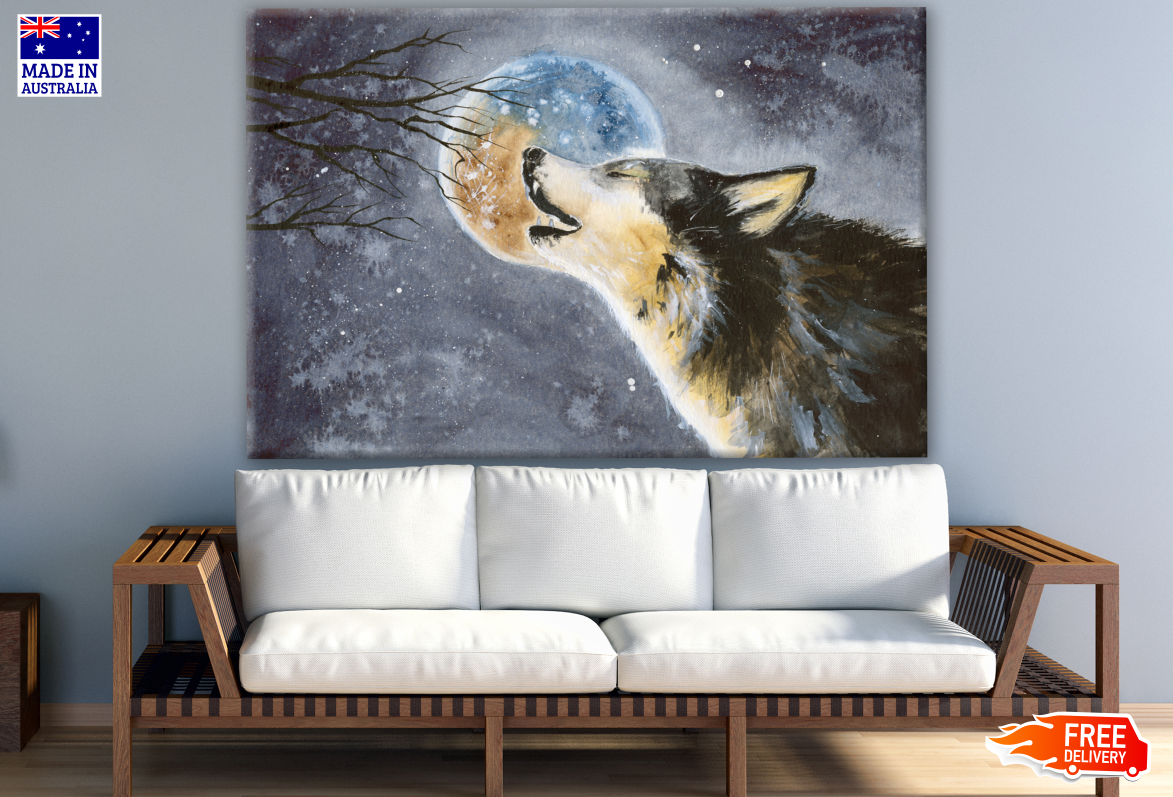 Watercolor Howling Wolf With Shining Moon Painting Print 100% Australian Made