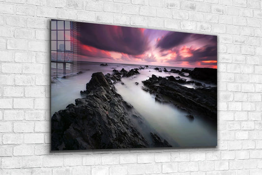 Rocks Beach in Mist Print Tempered Glass Wall Art 100% Made in Australia Ready to Hang