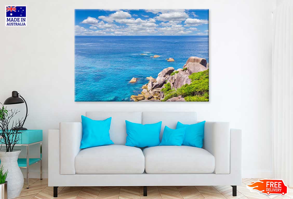 Rocks on Sea with Cloudy Blue Sky View Photograph Print 100% Australian Made