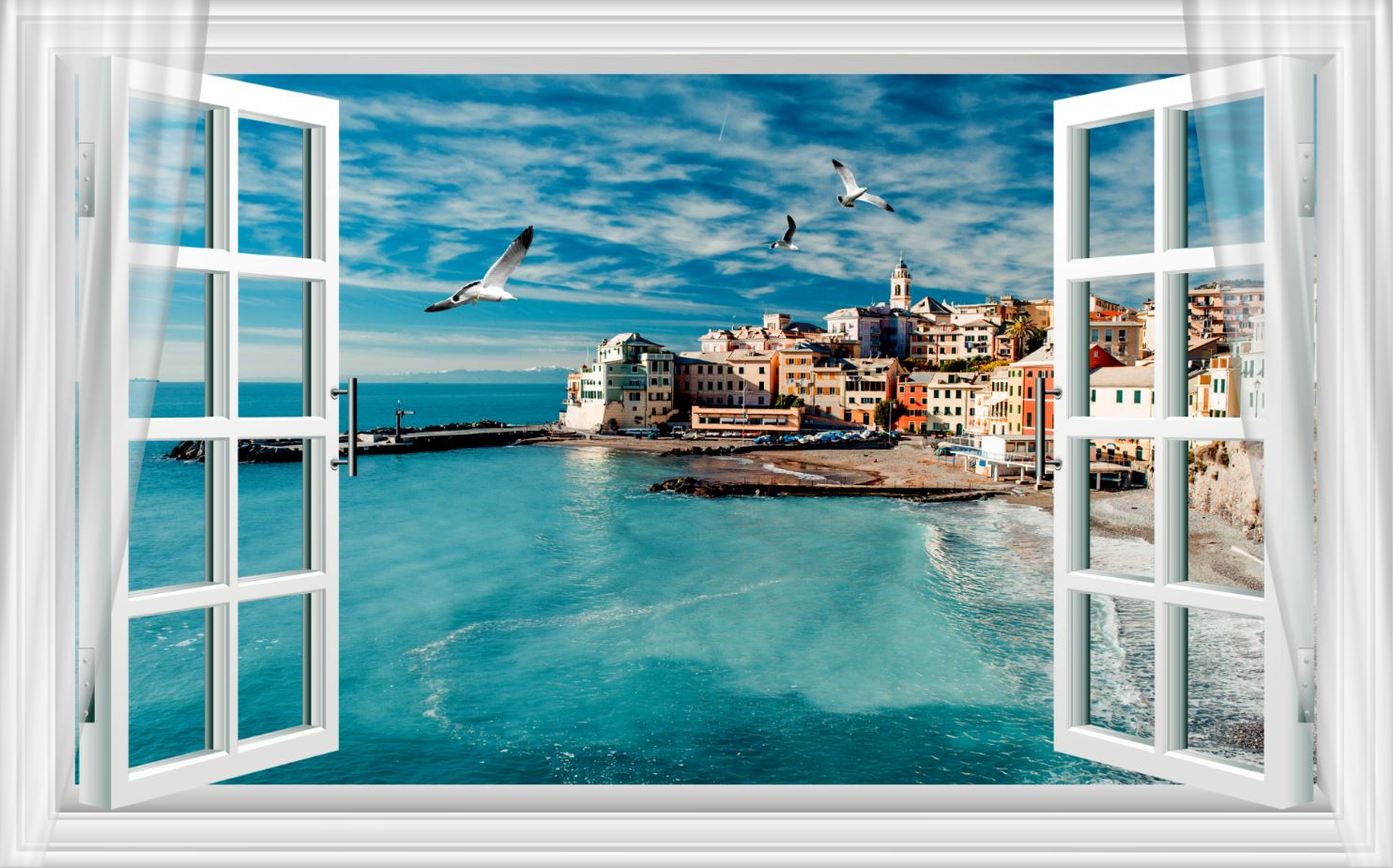 Wallpaper Murals Peel and Stick Removable View of The City Beautiful Sea & Birds from Window High Quality