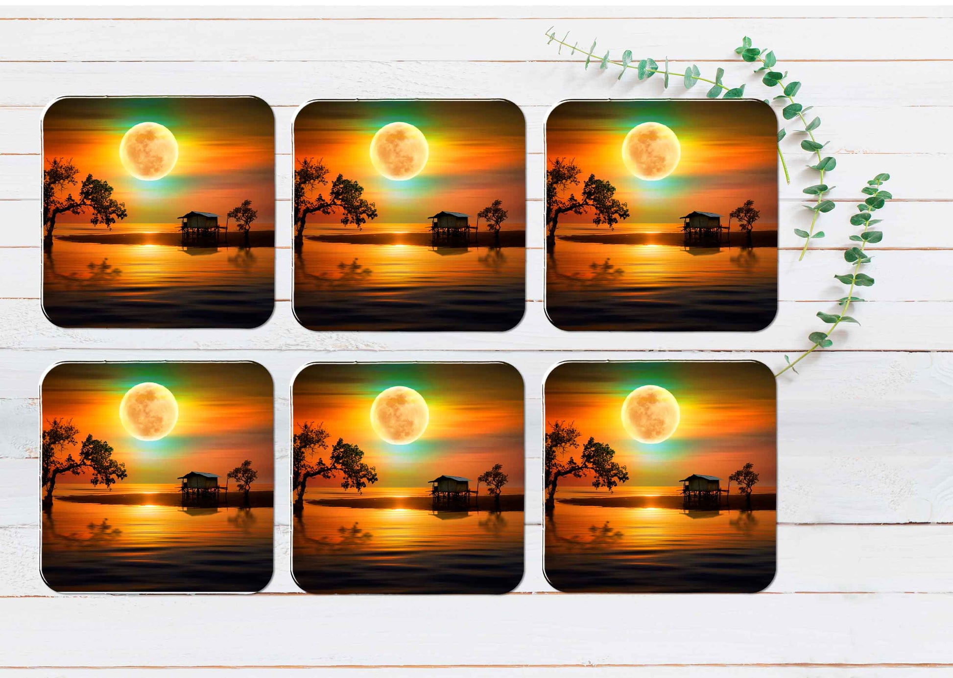 Silent Evening Night Under The Moon Coasters Wood & Rubber - Set of 6 Coasters