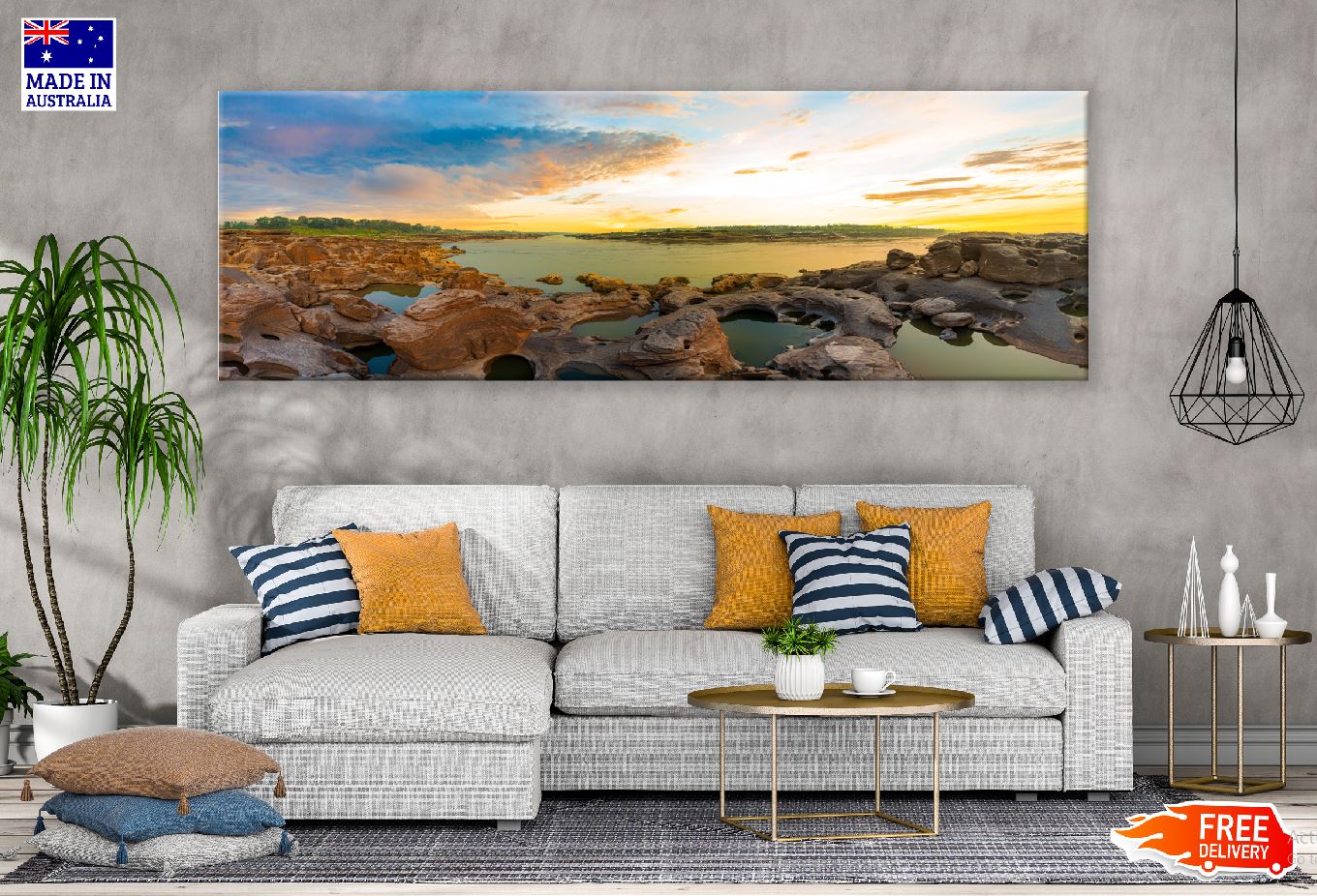 Panoramic Canvas Rocks on Lake Sunset View Photograph High Quality 100% Australian Made Wall Canvas Print Ready to Hang