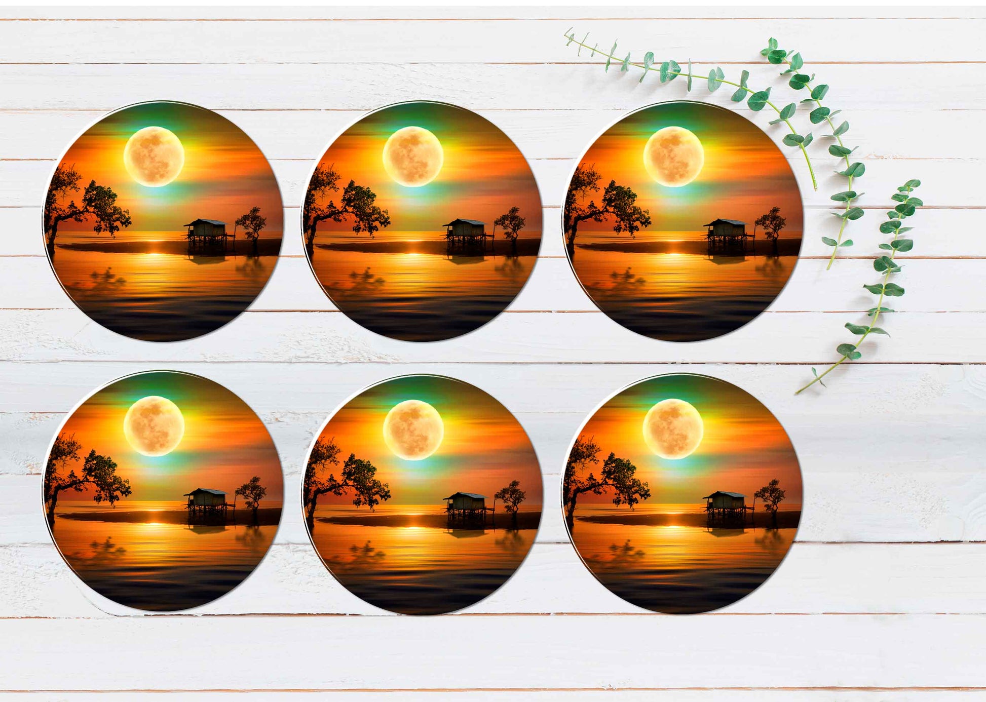 Silent Evening Night Under The Moon Coasters Wood & Rubber - Set of 6 Coasters