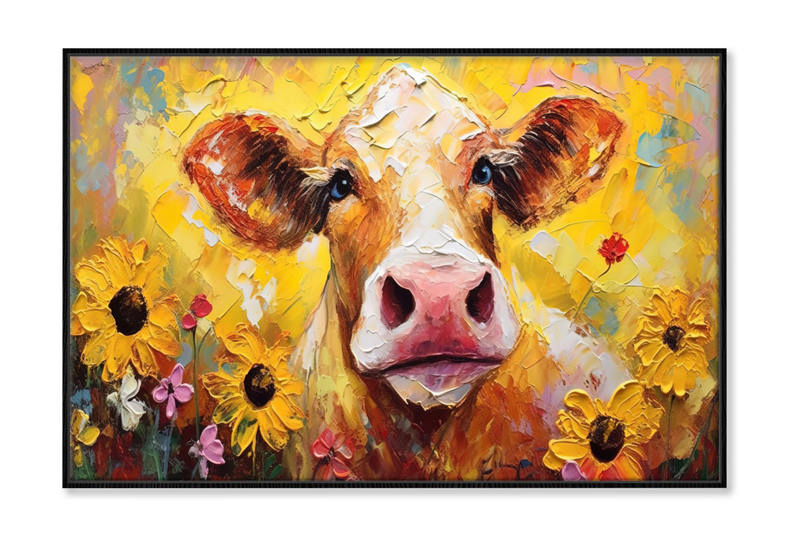 Closeup Cow Face with Sunflowers Oil Painting Wall Art Limited Edition High Quality Print Canvas Box Framed Black