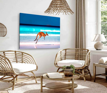 Bella Home Kangaroo jumping Mid Air on Sand Print Canvas Ready to hang