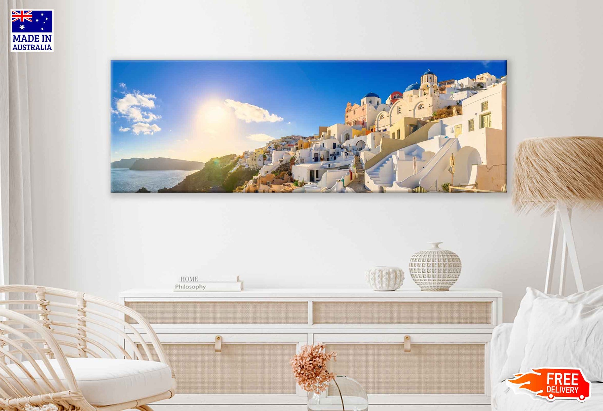 Panoramic Canvas Oia City Houses & Blue Sky Photograph High Quality 100% Australian Made Wall Canvas Print Ready to Hang