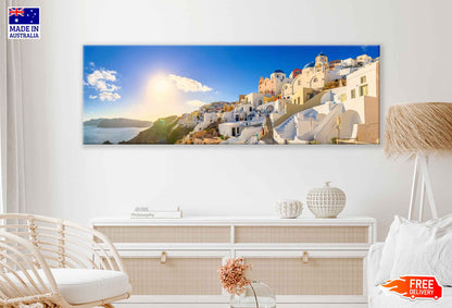 Panoramic Canvas Oia City Houses & Blue Sky Photograph High Quality 100% Australian Made Wall Canvas Print Ready to Hang