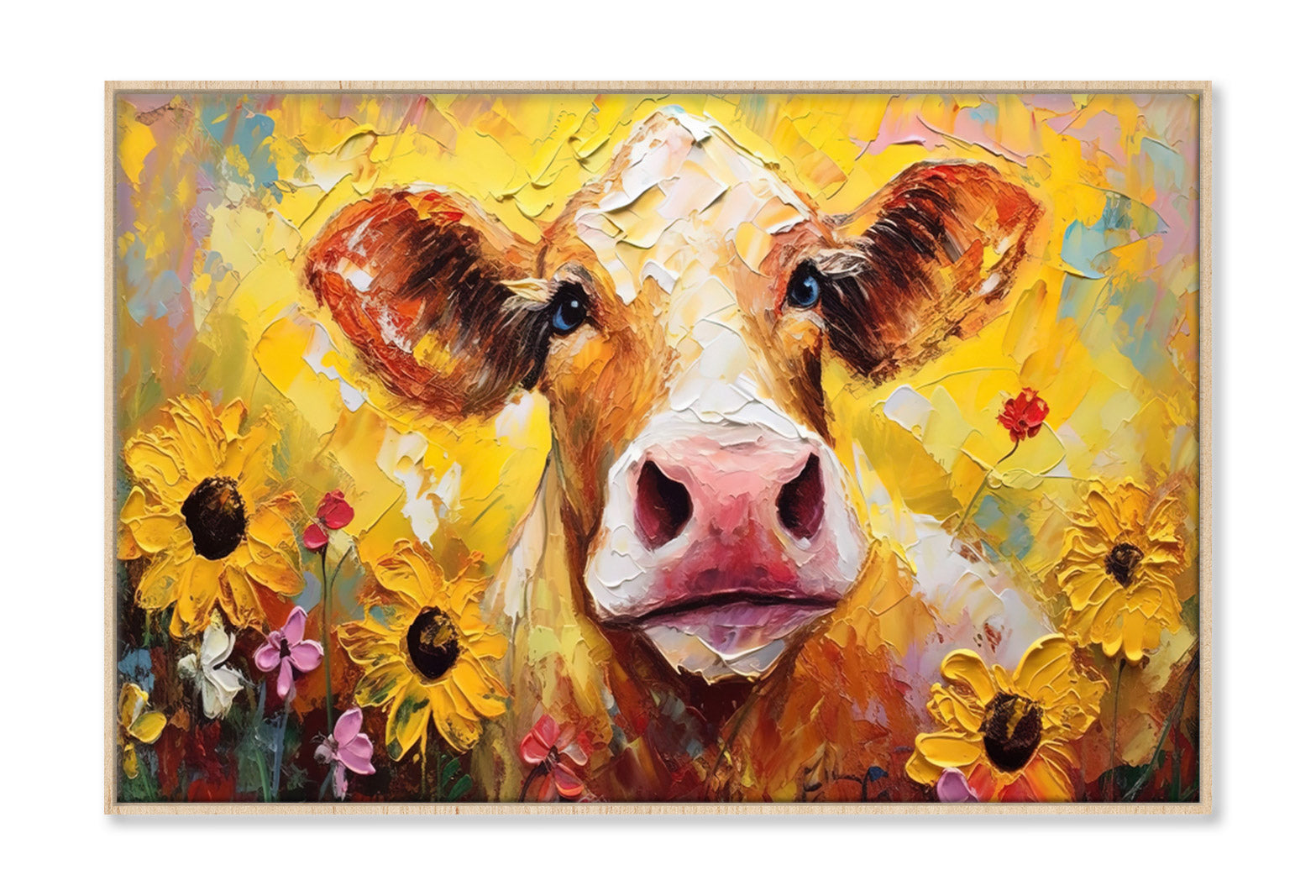 Closeup Cow Face with Sunflowers Oil Painting Wall Art Limited Edition High Quality Print Canvas Box Framed Natural