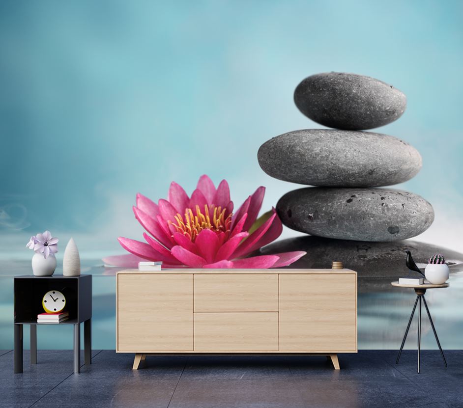 Wallpaper Murals Peel and Stick Removable Water Lily and Zen Stones High Quality