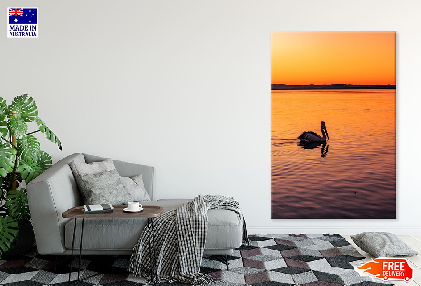 Pelican on Calm Sunset Sea View Photograph Print 100% Australian Made
