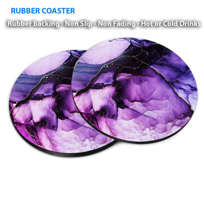 Purple Gold Lines Ink Abstract Design Coasters Wood & Rubber - Set of 6 Coasters