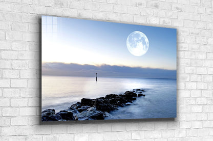 Full Moon Rocky Sea Print Tempered Glass Wall Art 100% Made in Australia Ready to Hang