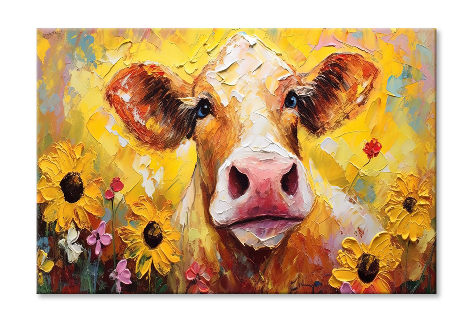 Closeup Cow Face with Sunflowers Oil Painting Wall Art Limited Edition High Quality Print Stretched Canvas None