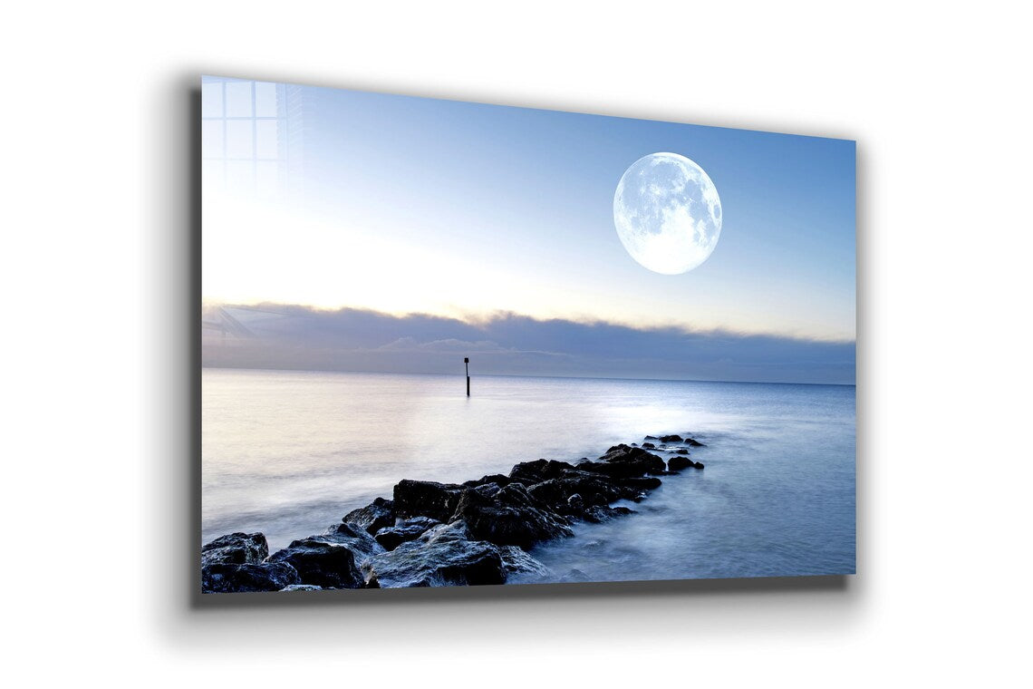 Full Moon Rocky Sea Print Tempered Glass Wall Art 100% Made in Australia Ready to Hang