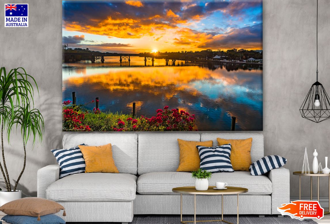 Bridge & Beach on Sunset Scenery Photograph Print 100% Australian Made