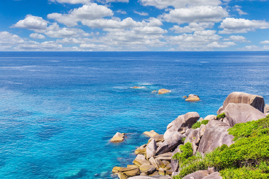 Rocks on Sea with Cloudy Blue Sky View Photograph Print 100% Australian Made