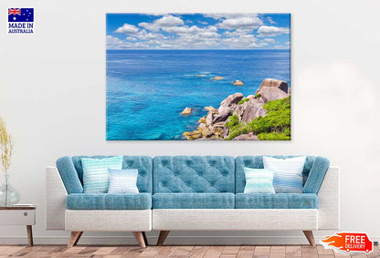 Rocks on Sea with Cloudy Blue Sky View Photograph Print 100% Australian Made
