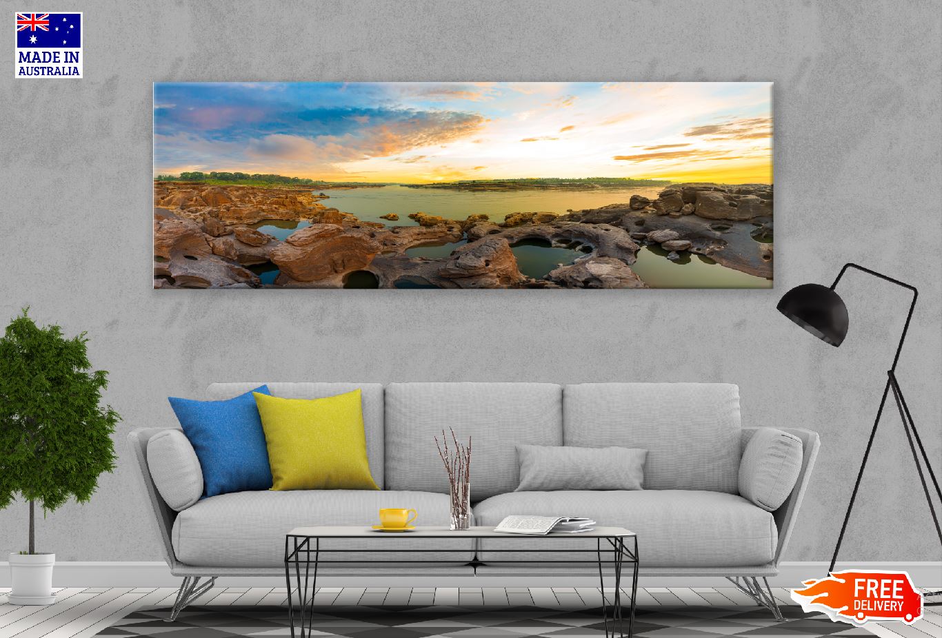 Panoramic Canvas Rocks on Lake Sunset View Photograph High Quality 100% Australian Made Wall Canvas Print Ready to Hang