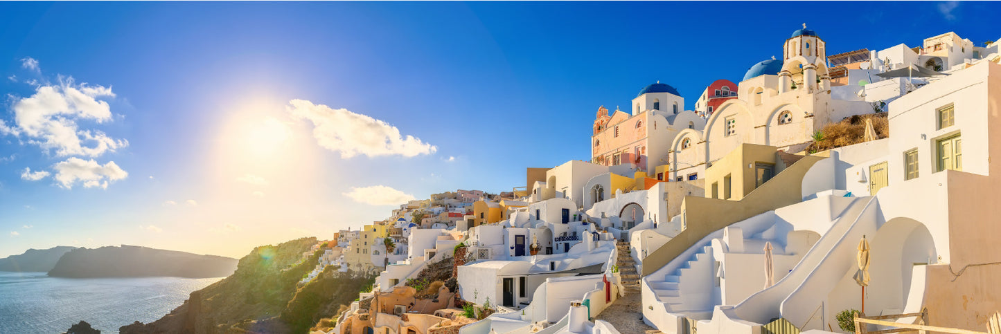 Panoramic Canvas Oia City Houses & Blue Sky Photograph High Quality 100% Australian Made Wall Canvas Print Ready to Hang