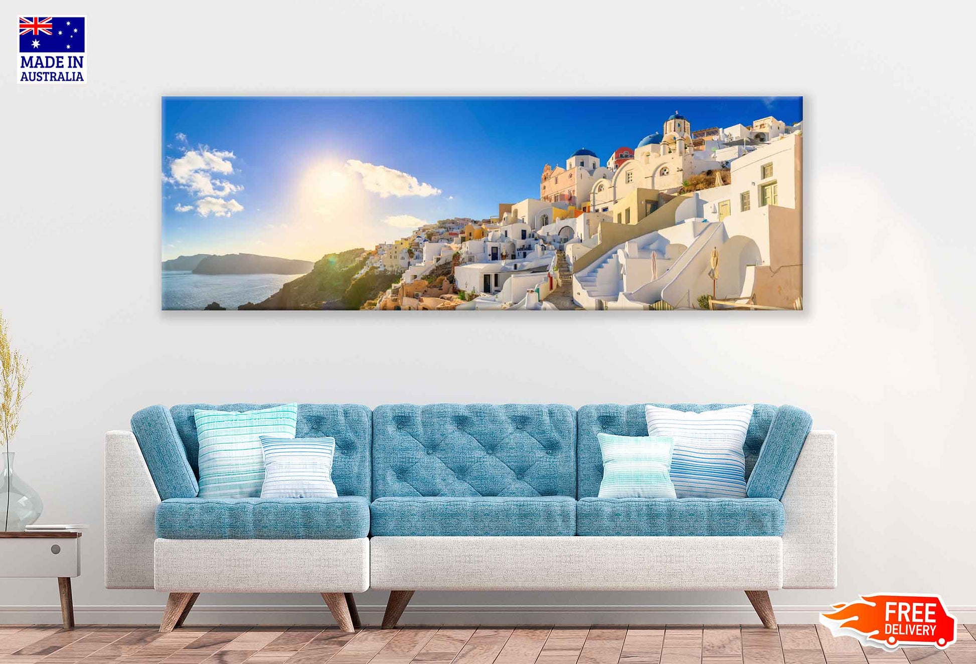 Panoramic Canvas Oia City Houses & Blue Sky Photograph High Quality 100% Australian Made Wall Canvas Print Ready to Hang