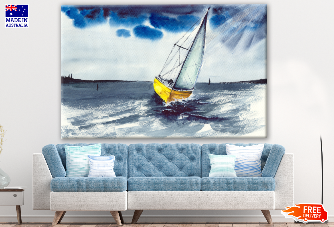 Watercolor Sailing Boat In The Storm Painting Print 100% Australian Made