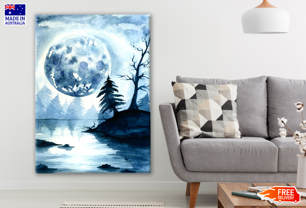 Watercolor Dark Forest Landscape with Moon Painting Print 100% Australian Made