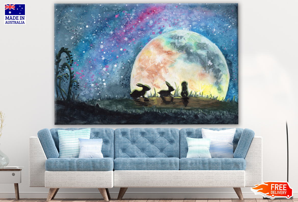 Three Rabbits in a Grass Field Looking on a Huge Colorful Moon & Bright Starry Sky Painting Print 100% Australian Made