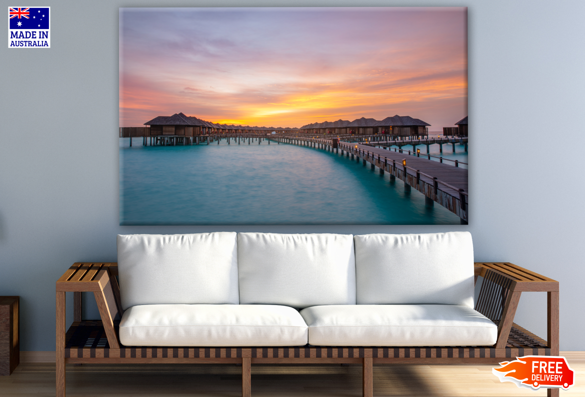 Sunset on Luxury Water Villas Resort & Wooden Pier with Beautiful Sky Photograph Print 100% Australian Made