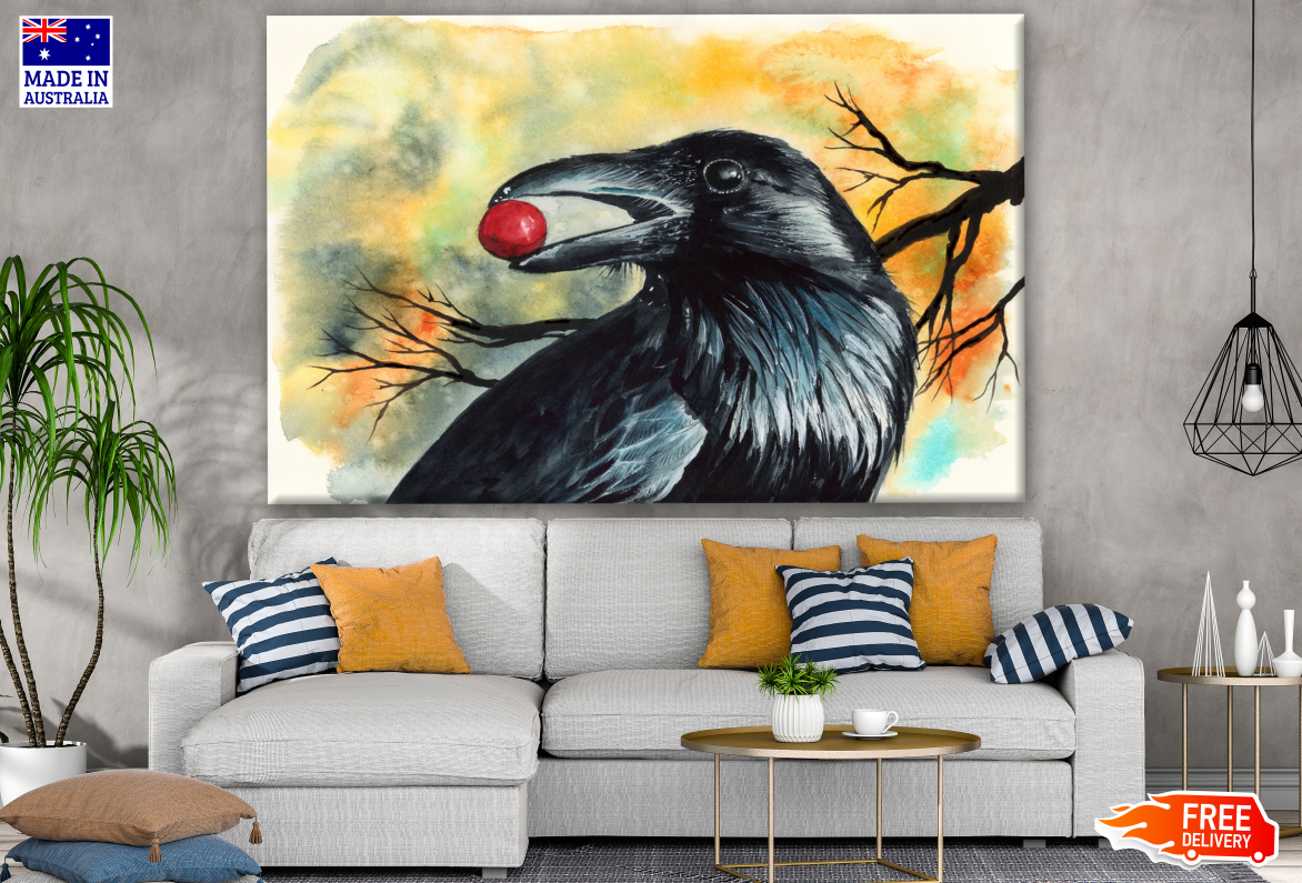 Watercolor Black Raven With Red Berry Painting Print 100% Australian Made