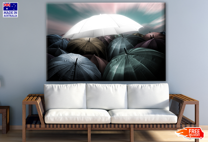 Glowing Umbrella Standing out from Dark Umbrellas Print 100% Australian Made