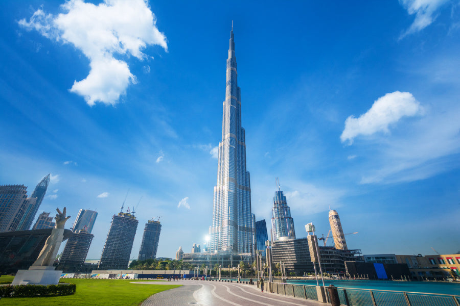 Dubai Burj Khalifa with Blue Sky View Photograph Print 100% Australian Made