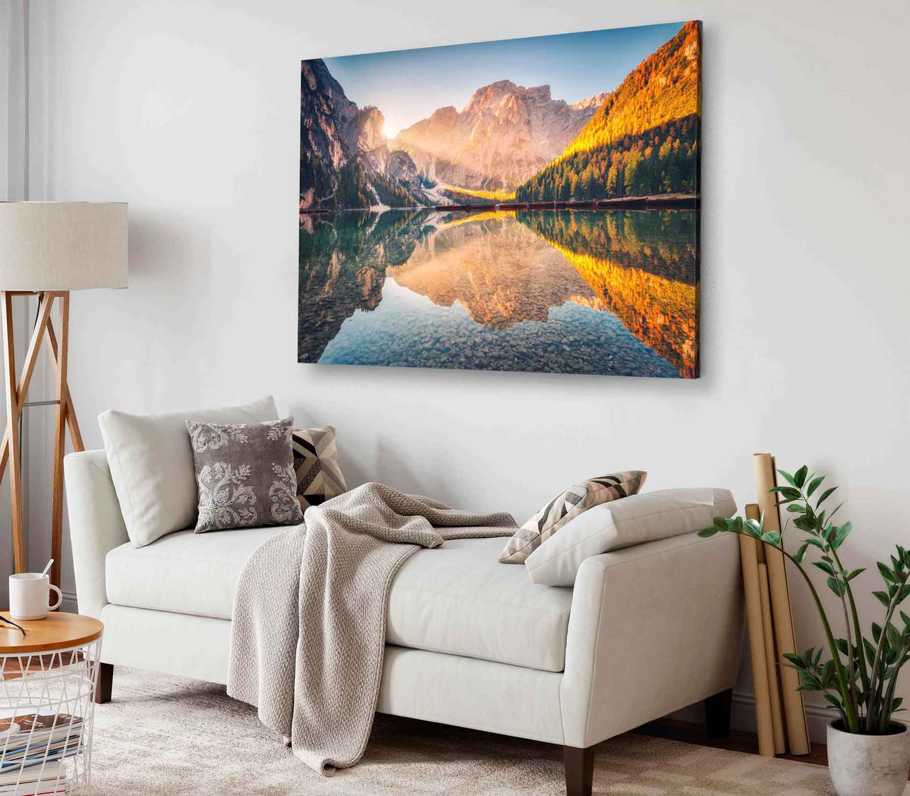Bella Home Braies Lake at Sunrise in Autumn Print Canvas Ready to hang