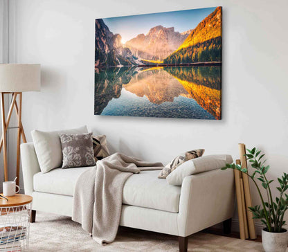 Bella Home Braies Lake at Sunrise in Autumn Print Canvas Ready to hang