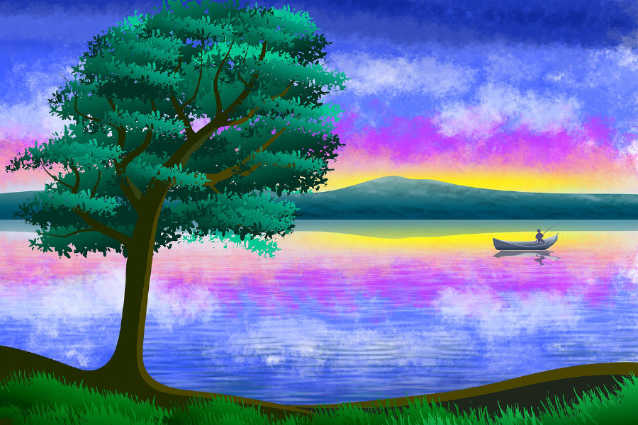 Boat on Lake & Tree Vector Art Print 100% Australian Made