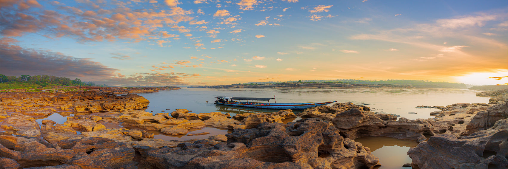Panoramic Canvas Boat on Lake Sunset View Photograph High Quality 100% Australian Made Wall Canvas Print Ready to Hang
