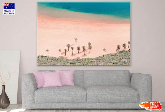 Pink Beach with Palm Tress Aerial Photograph Print 100% Australian Made