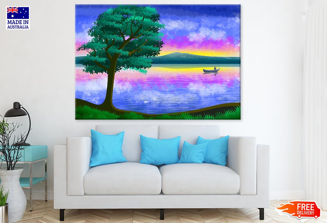 Boat on Lake & Tree Vector Art Print 100% Australian Made