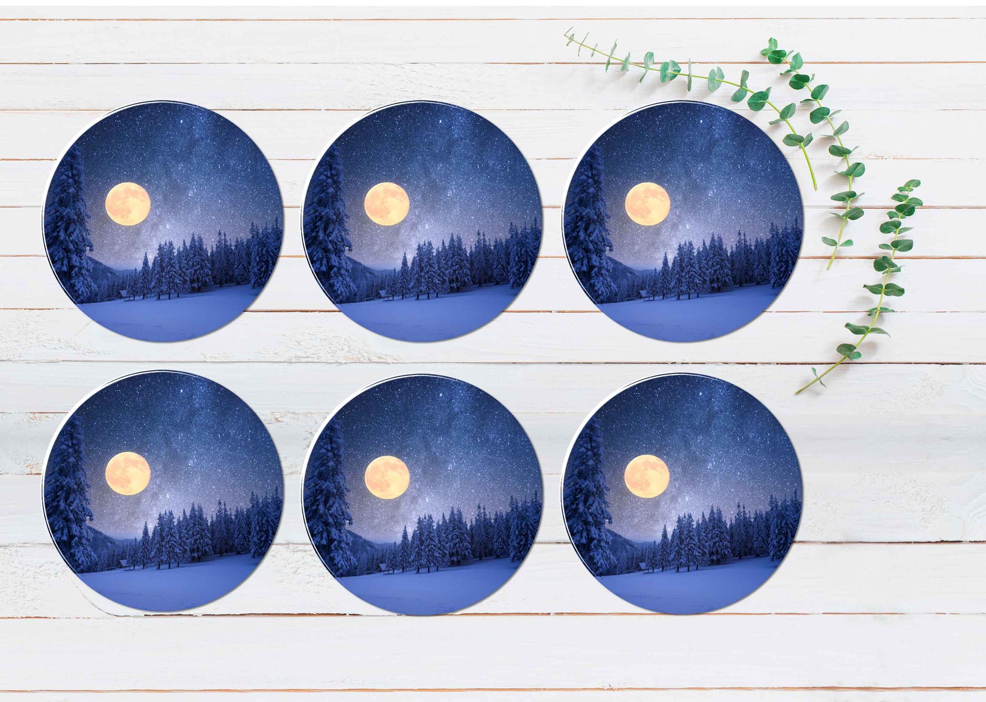 Winter Night With Full Moon & Starry Sky Coasters Wood & Rubber - Set of 6 Coasters