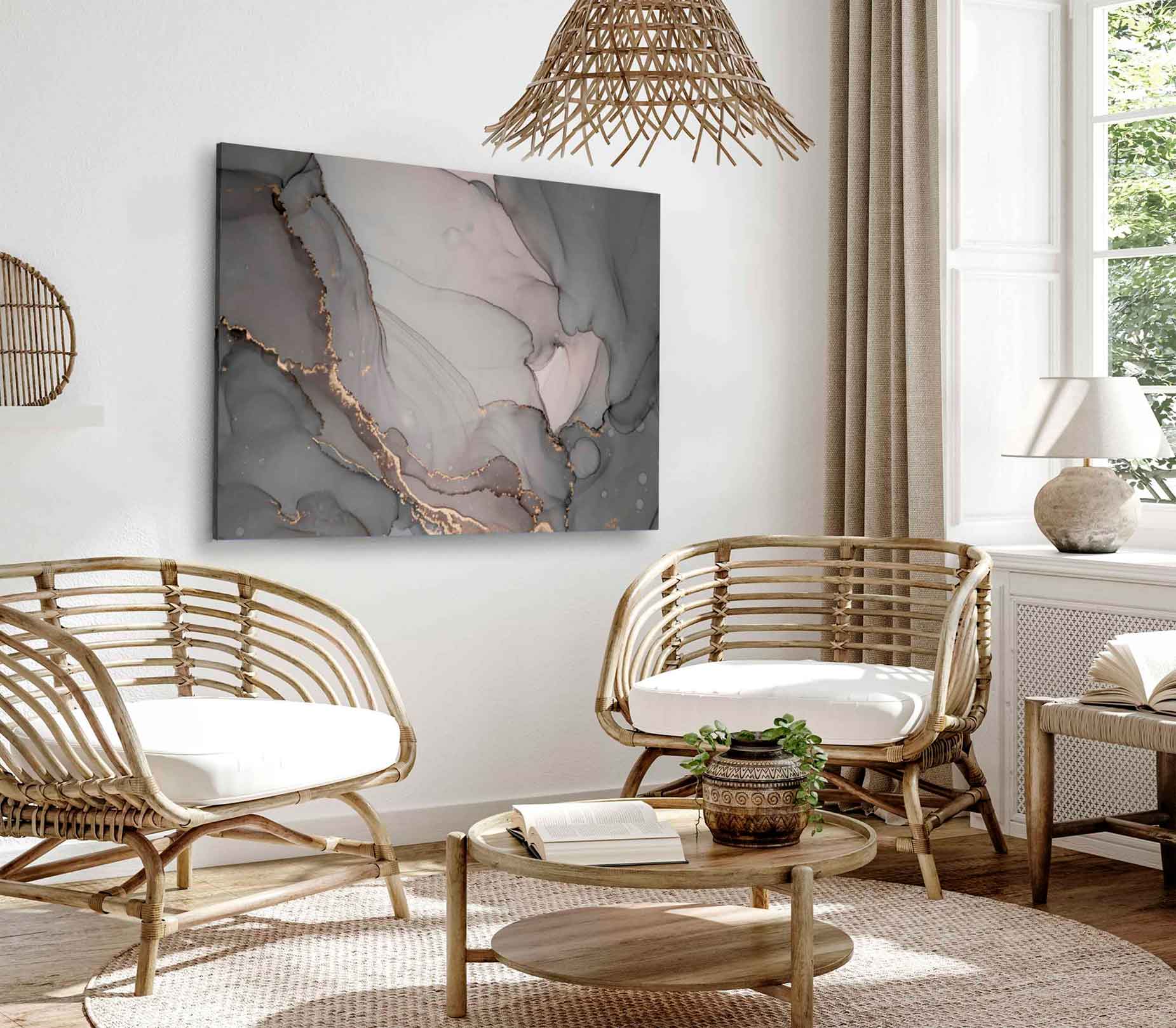 Bella Home Grey Brown & Gold Fluid Abstract Print Canvas Ready to hang