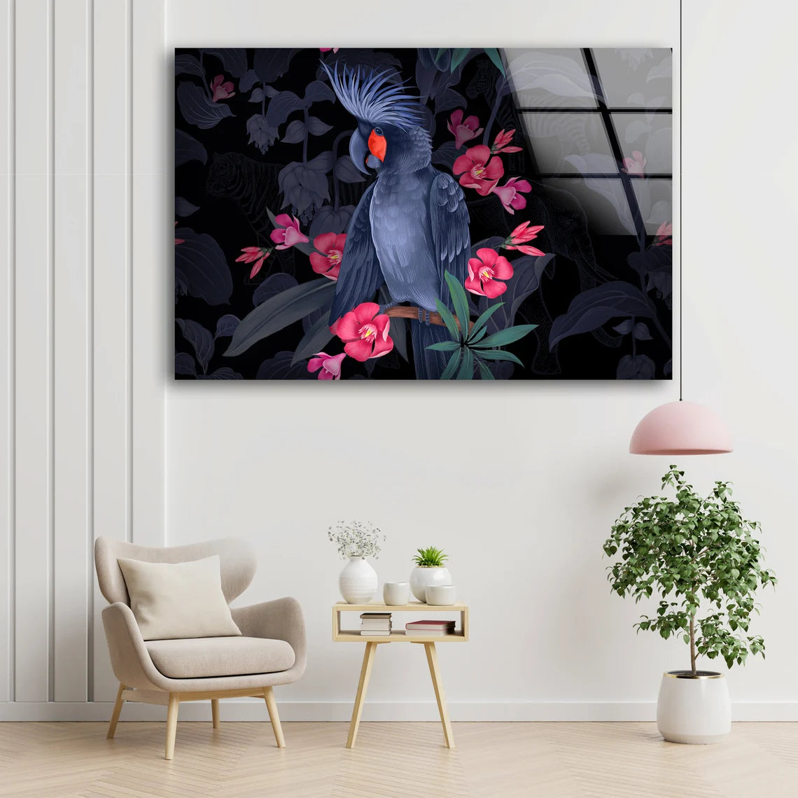 Black Cockatoo Bird & Flower Trees Vector Art Acrylic Glass Print Tempered Glass Wall Art 100% Made in Australia Ready to Hang