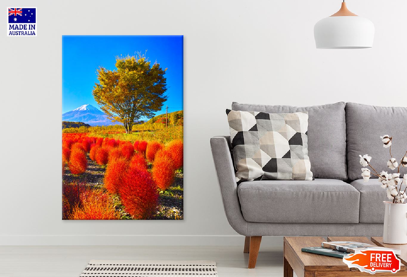 Alone Tree & Red Leaves Blooming Mountain View Photograph Print 100% Australian Made