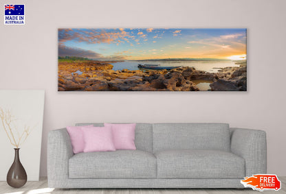 Panoramic Canvas Boat on Lake Sunset View Photograph High Quality 100% Australian Made Wall Canvas Print Ready to Hang