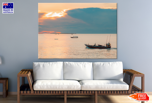 Fisherman In Boats On Sea Sunset View Print 100% Australian Made