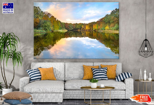 Orange Autumn Forest Reflected in Lake Photograph Print 100% Australian Made
